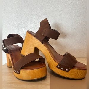 MIA Platform Chunky Boho Heel Strappy Sandal in Dark Brown & Wood Silver Studs